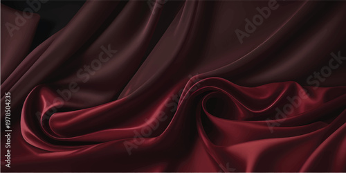A smooth red silk and satin fabric textile background with elegant wavy curves and a shiny luxurious material texture creates a soft decorative drapery backdrop
