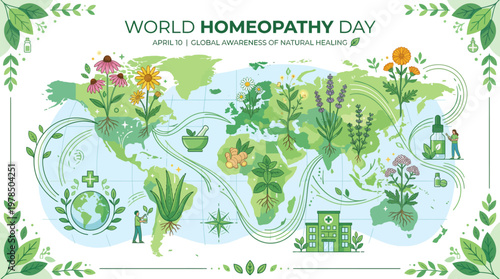 World Homeopathy Day global celebration illustration.