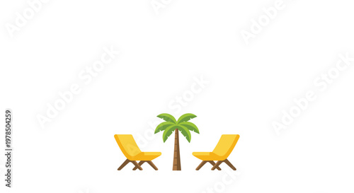 Two vibrant yellow lounge chairs are positioned symmetrically beside a single green palm tree in a minimalist tropical scene on a clean white background.