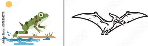 Vector illustration set featuring a geometric flat design frog jumping into water and a line art pterodactyl in flight