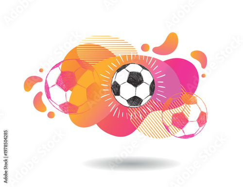 Hand drawn football, soccer ball sketch. Fluid abstract background. Banners with flowing liquid shapes.	
