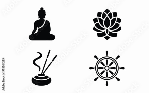 Modern logo bundle featuring minimalist symbols of buddha lotus flower incense sticks and dharma wheel in black and white