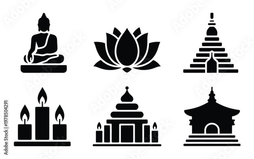 Silhouette icon set featuring buddha meditating lotus flower candles stupa and temple symbols in minimalist black design