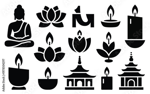 Silhouette icons of buddha lotus flowers om symbol candles and temples for spirituality and meditation visuals