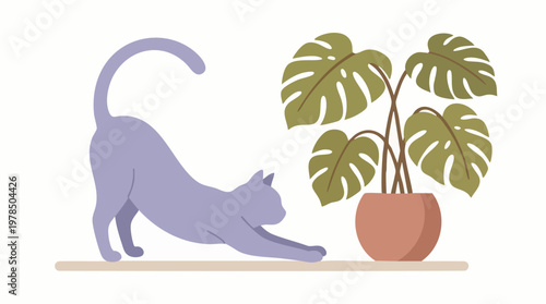 Minimalist illustration of a cat stretching beside a potted Monstera plant