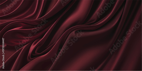 Red silk and satin fabric background with smooth flowing waves of luxury textile material creating an elegant red and purple curtain texture design