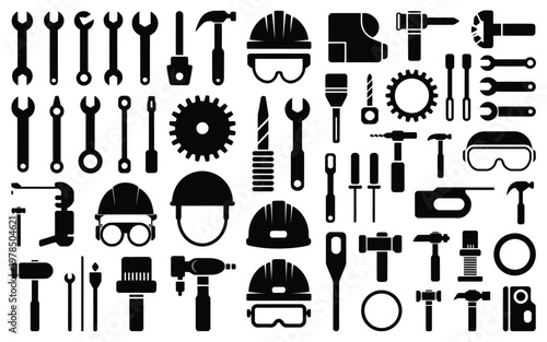 Variety of black silhouetted symbols of safety gear and tools including helmets wrenches hammers goggles and saws arranged neatly on a clean white background in a vector
