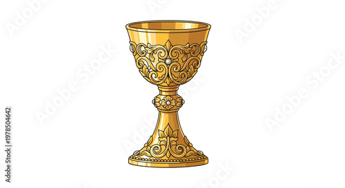 A luxurious golden chalice adorned with delicate scrollwork engravings and small embedded white gemstones rests gracefully against a stark white background.