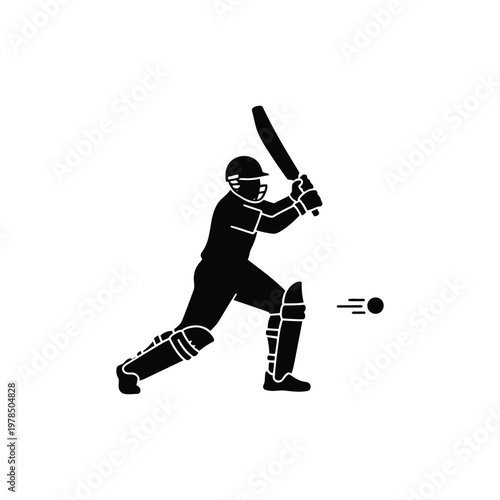 Cricket batsman batting shot, solid silhouette icon, isolated on white