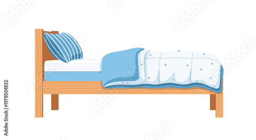 A comfortable wooden bed frame featuring a striped blue pillow and a soft white duvet with delicate blue polka dots rests in a bright minimalist room.