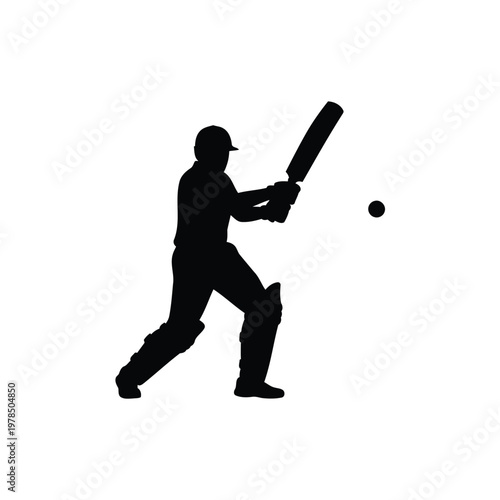 Cricket batsman batting shot, solid silhouette icon, isolated on white