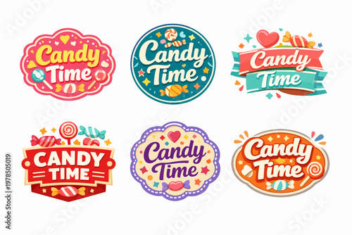 Sweet candy time badges with lollipops, caramels, and festive elements creating a fun, celebrating, and sugary concept