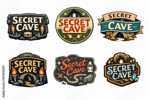 Collection of secret cave logos and badges, featuring adventure, exploration, and cavern themes for games or branding