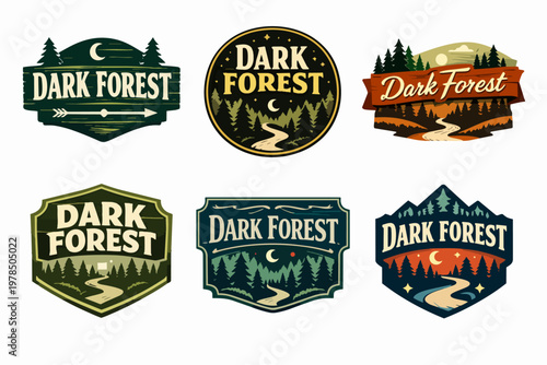 Six dark forest label designs featuring scenic landscapes, fir trees, rivers, and celestial bodies creating versatile outdoor badges