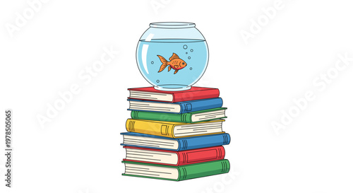 A heavy stack of multi-colored books serves as a base for a large rounded fishbowl containing a swimming orange goldfish in a bright and clean environment.