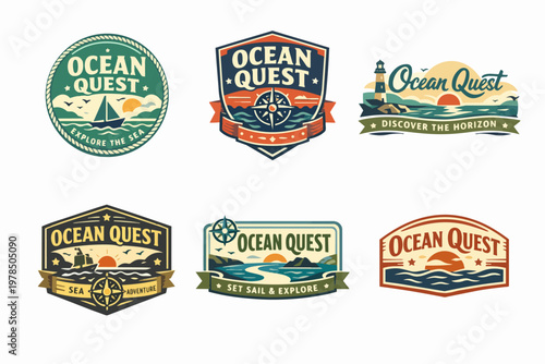 Ocean quest collection with six vintage-style badges featuring nautical elements, compasses, lighthouses, and ships