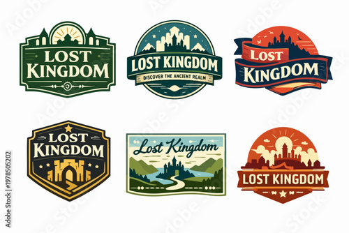Lost kingdom vintage emblems and logo set with medieval castles, ancient fortresses, and fantasy adventures