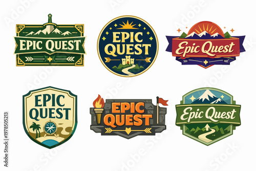 Epic quest game logos collection featuring fantasy adventure emblems, badges with swords, mountains and compasses for exploration