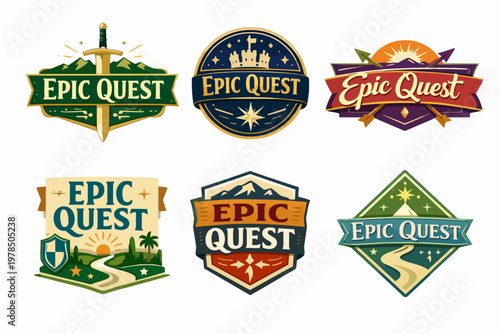 Various fantasy adventure badges and labels, epic quest gaming concept with swords, castles, and mountains