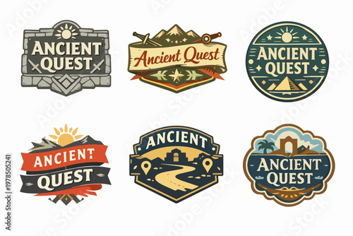 Ancient quest badges set creating journey, adventure, and exploration themes for games, travel, and historical projects