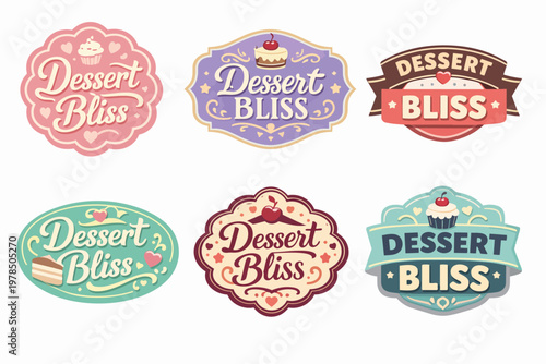 Collection of dessert bliss logos and labels in retro-vintage style for pastry shops and bakery branding