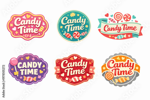 Colorful candy time logo badge collection, presenting sweet treats and decorative elements for fun and playful designs