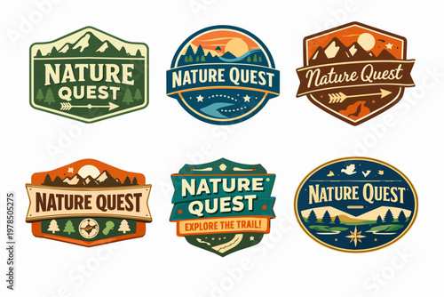 Nature quest emblem set displaying different outdoor camping adventure badges with mountains, trees, river, arrows, and compass elements
