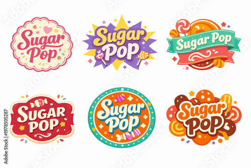 Sugar pop vibrant candy brand logos set. Creating sweet confectionery packaging, labels, and shop signage design elements