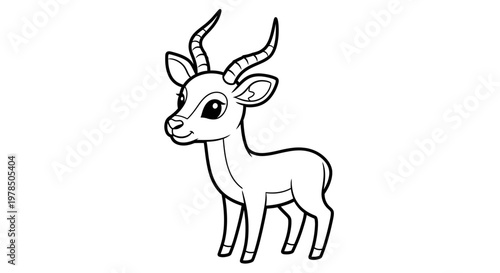 A cartoon antelope with horns standing proudly with a curious expression on its face in a single line drawing.