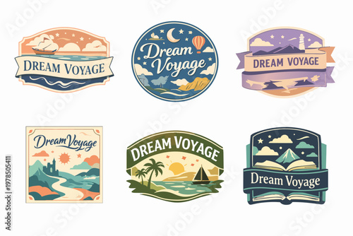 Collection of vintage style travel badges featuring landscapes, seascapes, and iconic elements with dream voyage text