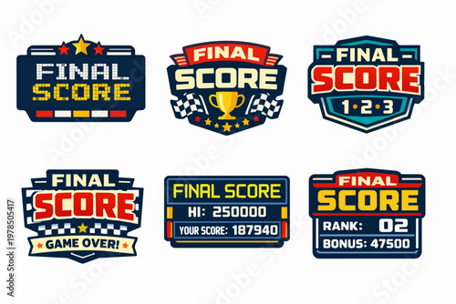 Final score and game over interfaces for video games, displaying ranks, high scores, trophies, and checkered flags