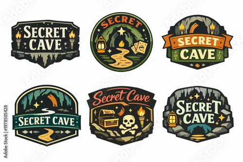 Secret cave exploration emblems featuring mysterious pathways, treasure, lanterns, and torches for adventure themed designs