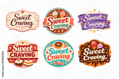 Sweet cravings collection featuring various bakery and dessert shop logos, badges, and labels for food branding
