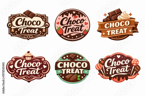 Collection of choco treat logos featuring various sweet dessert elements and decorative typography, perfect for branding