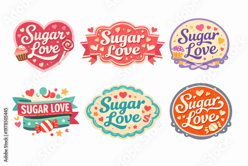 Sugar love badge collection with sweet heart designs, cupcakes, lollipops, and candy for valentine's day and romance themes