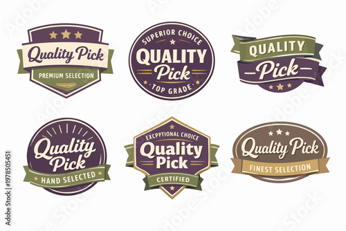 Variety of vintage badges for quality pick in flat design, representing product excellence and superior selection
