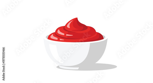 A smooth swirl of vibrant red tomato ketchup sits perfectly centered in a clean white ceramic bowl with a soft shadow on a bright minimalist surface.