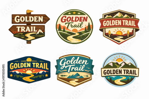 Golden trail badges set, vintage outdoor adventure emblems with mountains, trees, sun, and winding paths