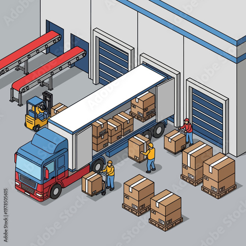 Warehouse Loading Dock with Workers and Forklift Unloading Truck.