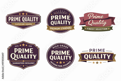 Prime quality product badges, retro labels, and superior goods emblems offering guaranteed excellence and premium standard branding
