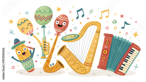 Vibrant cartoon music instruments collection with maracas saxophone harp and accordion surrounded by colorful musical notes and stars on white background