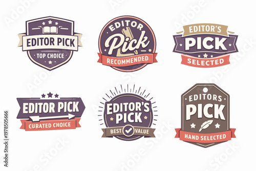 Editor pick badge set, vintage labels for curated choice, hand selected, recommended, and best value products