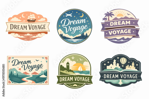 Dream voyage badges collection featuring vintage travel adventures with nautical, landscape, and fantasy elements