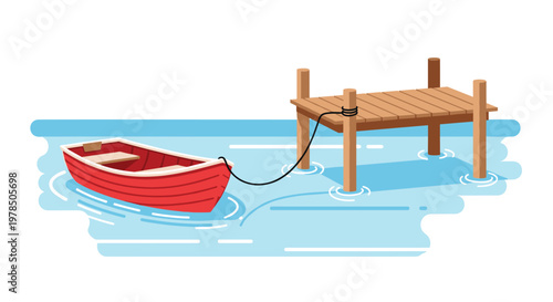 A small red wooden rowboat is securely tied with a thick rope to a wooden dock floating peacefully on calm and clear light blue water in the sunshine.