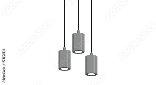 Three modern grey cylindrical pendant lights hang gracefully from thin black cords against a plain and light-colored background to create illumination.