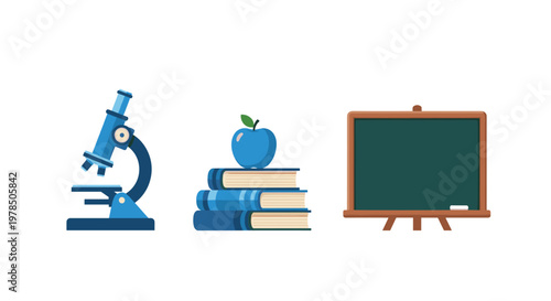 A blue laboratory microscope sits beside a stack of blue books topped with a blue apple and a small wooden chalkboard isolated on a white background.