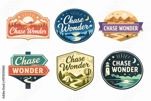 Set of travel adventure badges, exploring nature, mountains, pyramids, coastline, and camping destinations