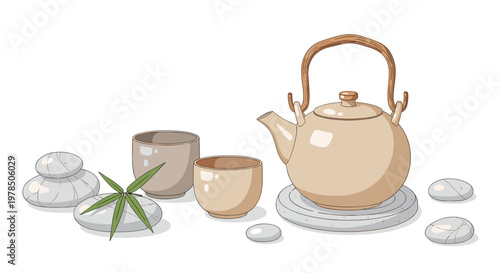 Traditional ceramic tea set with a rounded teapot and two matching cups arranged alongside smooth river stones and a green leaf on a white surface.