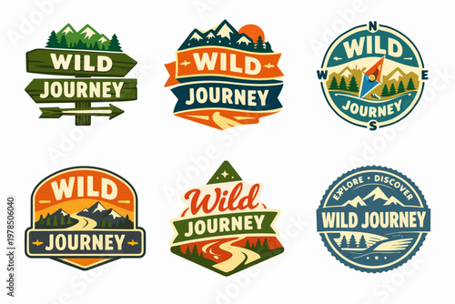 Wild journey theme labels representing outdoor exploration, mountain adventure, and camping in nature
