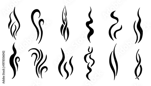 Doodle steam and smoke icon set with aroma waves vector illustration set. Linear symbols for hot coffee, cooking scent, and fragrance effects in hand-drawn outline graphic style.